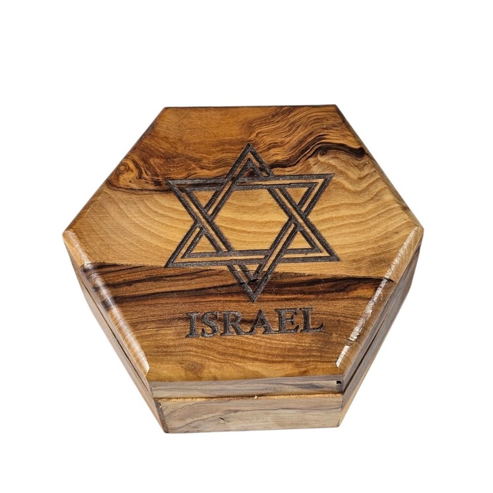 Handcrafted Olive Wood Jewelry Trinket Box Star of David Israel Hexagon Felt